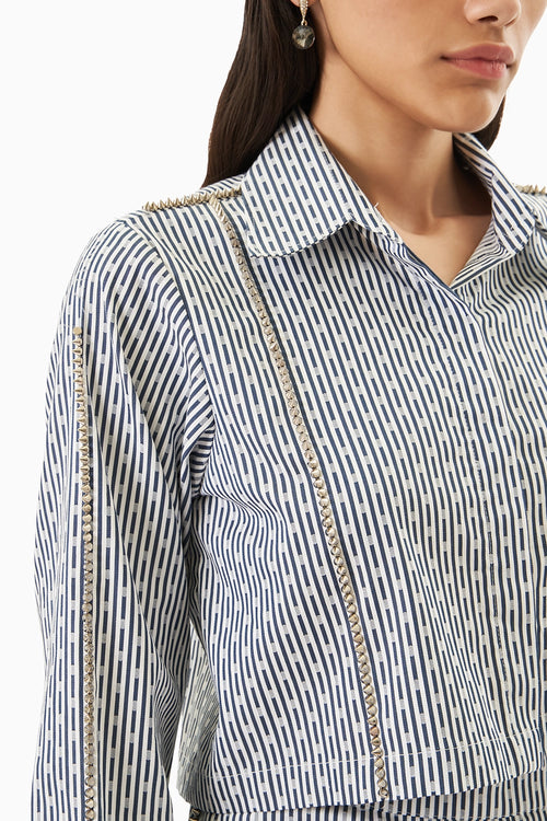 White Blue Cotton  Stripes Crop Co-ord Set