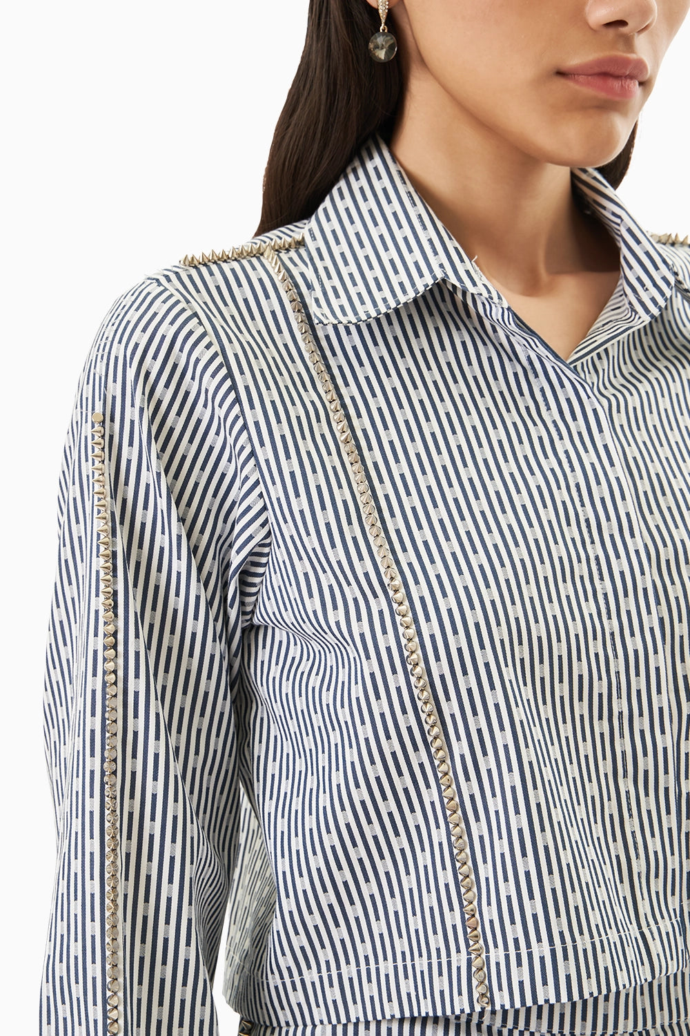 White Blue Cotton  Stripes Crop Co-ord Set