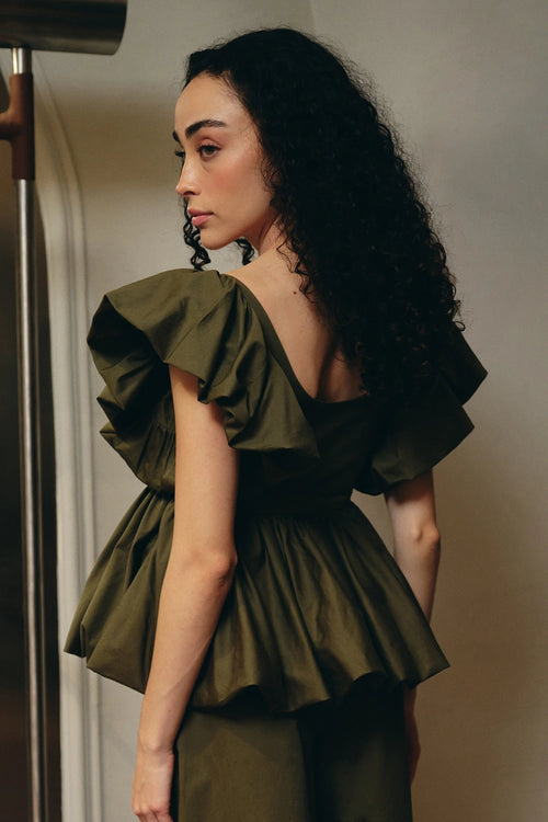 Olive Green Hand-embellished Cotton Peplum Top