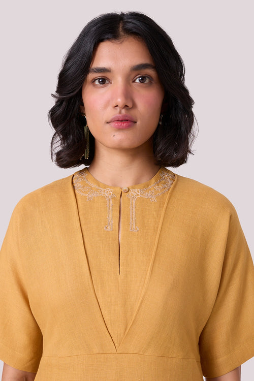 Yarina Yellow Linen Embroidered Dress