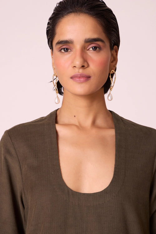 Mir Olive Needlecord Embroidered Dress