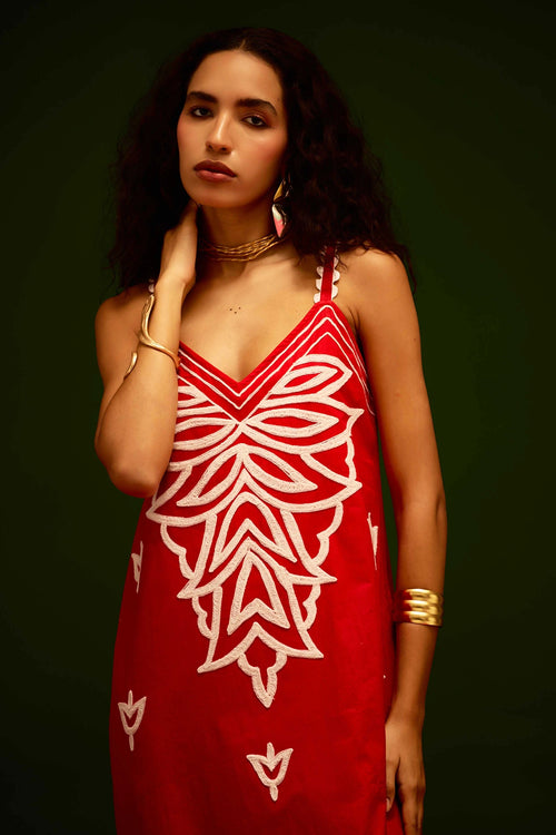 Scarlet Strappy Cotton Dress with Thread Embroidery