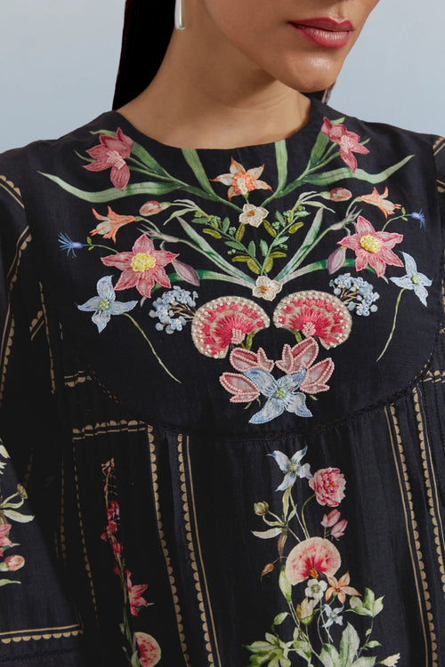 Black Bouquet Pleated Dress
