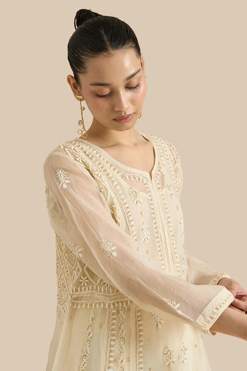 Organza Silk Kalidar Set Crafted With Chikankari Threadwork And Kutdana Embroidery