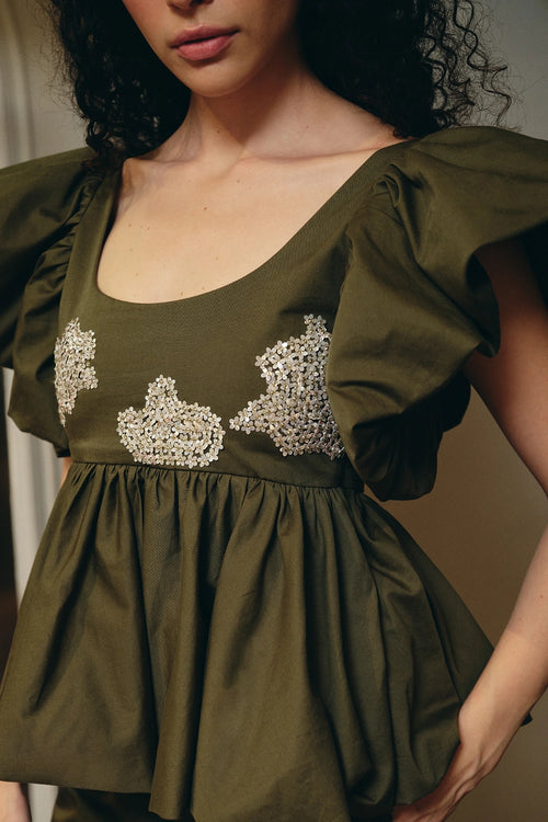 Olive Green Cotton Peplum Top And Shorts Set