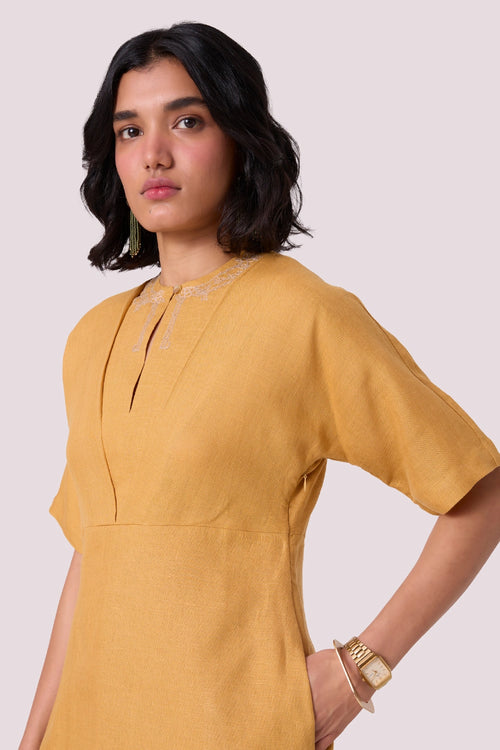 Yarina Yellow Linen Embroidered Dress