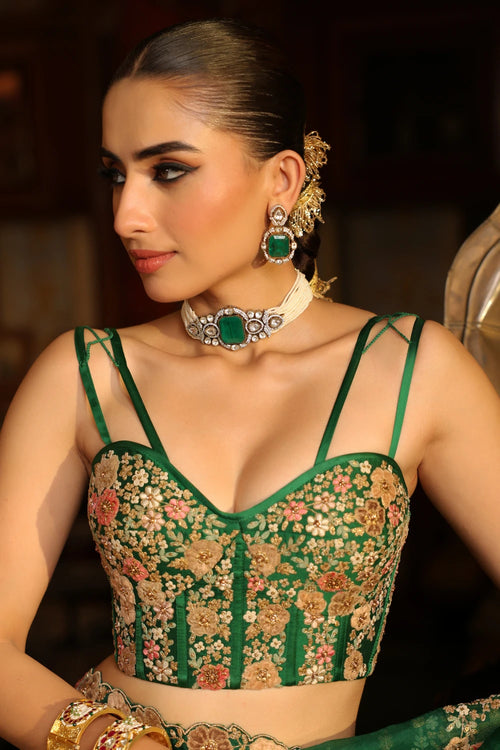 Ahista Green Mayur Applique Cutwork Saree Set