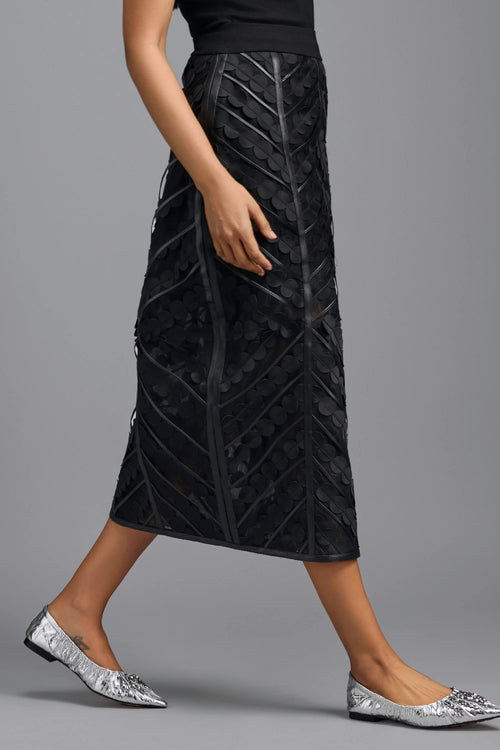 Sheer Black Midi Skirt with Geometric Paneling