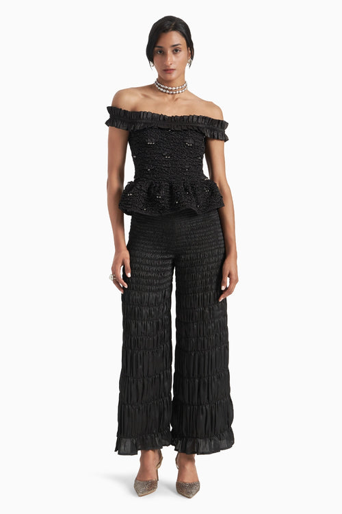 Black Off-Shoulder Peplum Top With Scalae Smocked Wide Leg Pants