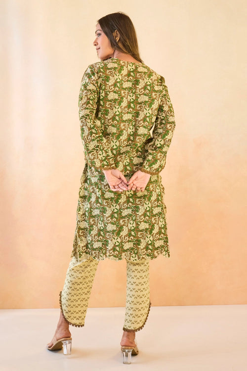 Olive Petal Scallop Cotton Kurta Set