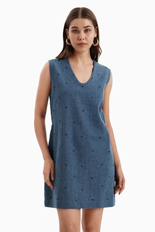 Medium Herringbone Denim Dress with Chitta Embellishment