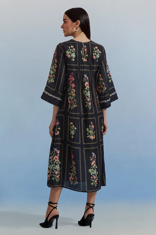 Black Bouquet Pleated Dress
