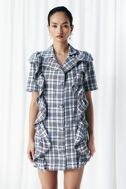 Black & White Check Zipper Frill Blazer Dress