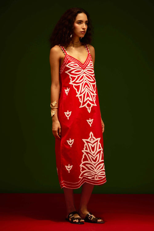 Scarlet Strappy Cotton Dress with Thread Embroidery