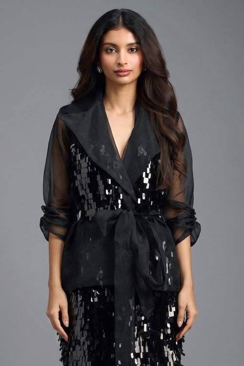 Black Organza Sleeve Sequin Wrap Top With Midi Skirt