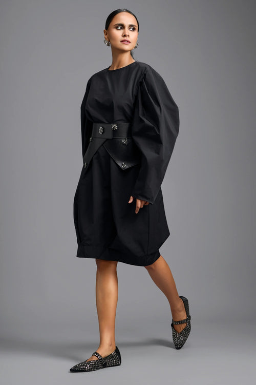 Sculptural Black Belted Dress
