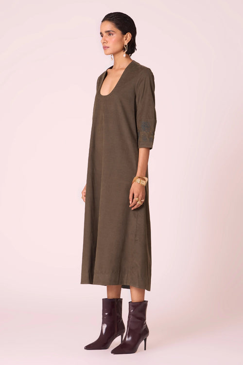 Mir Olive Needlecord Embroidered Dress