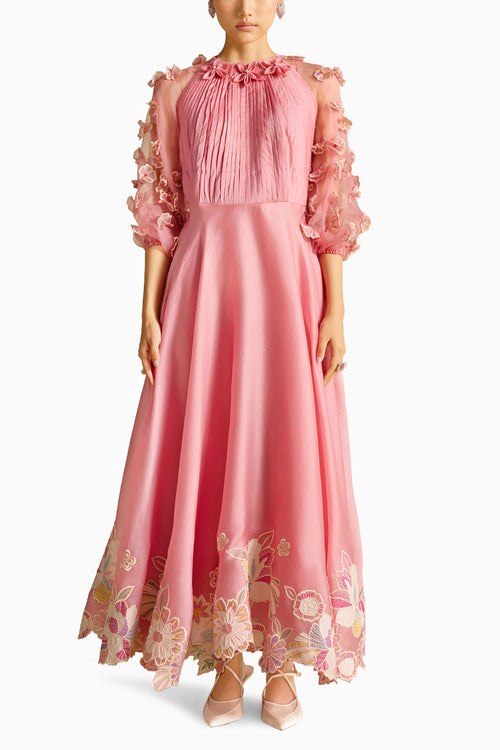 Pink Contrast Embroidered Flounce Dress