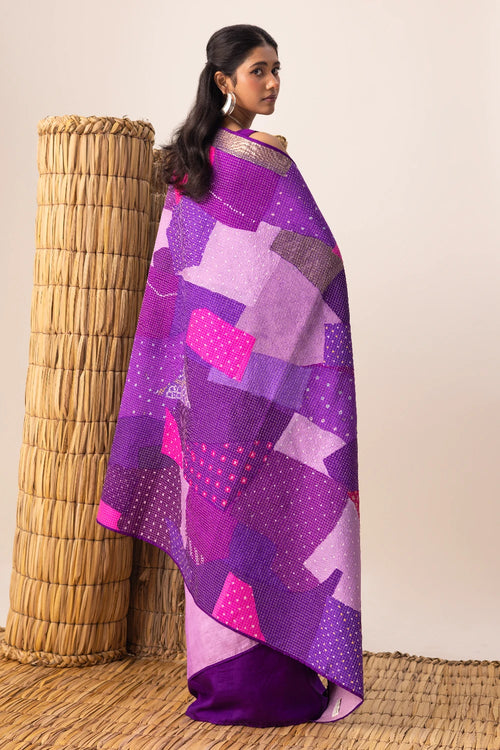 Purple Multi Bandhani Patchwork Saree