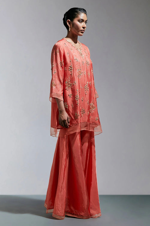 Vermilion Abstract Floral Embroidered Silk Sharara Set