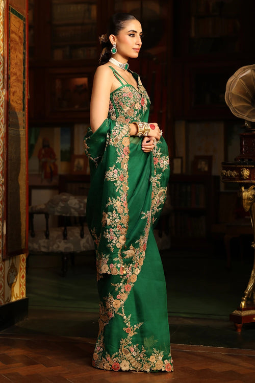 Ahista Green Mayur Applique Cutwork Saree Set