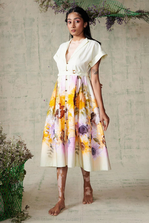 Sunflower Placement Folded Sleeve Dress With Belt