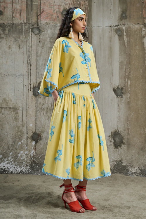 Sunlit Bloom Batwing Shirt With Midi Skirt