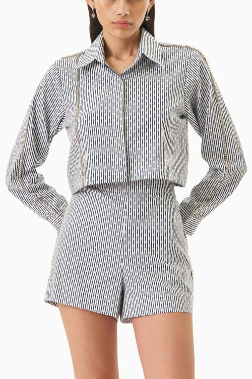 White Blue Cotton  Stripes Crop Shirt