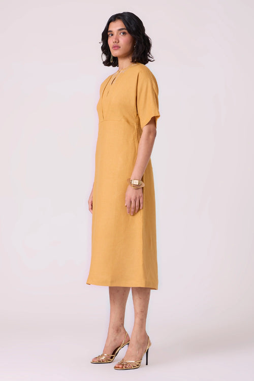 Yarina Yellow Linen Embroidered Dress