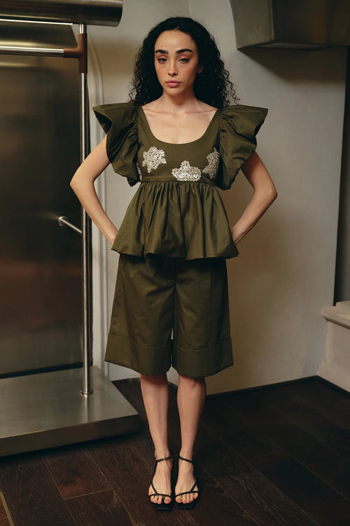 Olive Green Cotton Peplum Top And Shorts Set