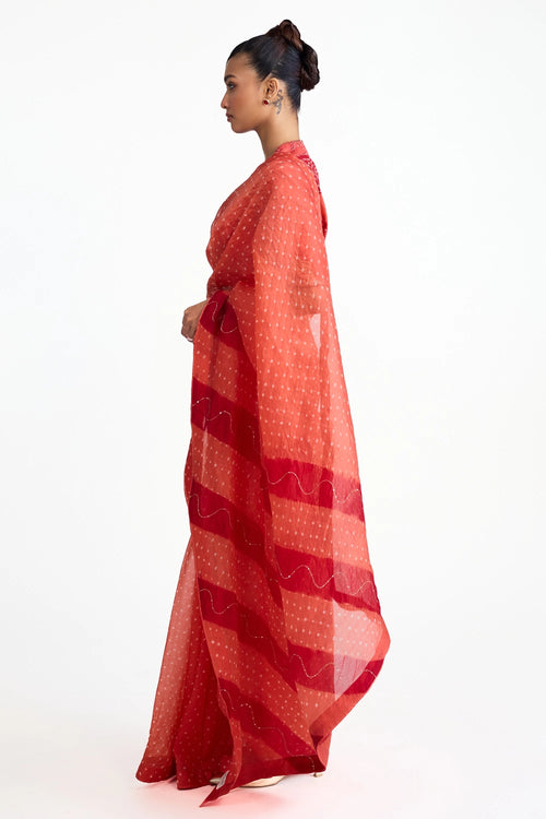 Rust Organza Bandhani Saree with Boro Blouse