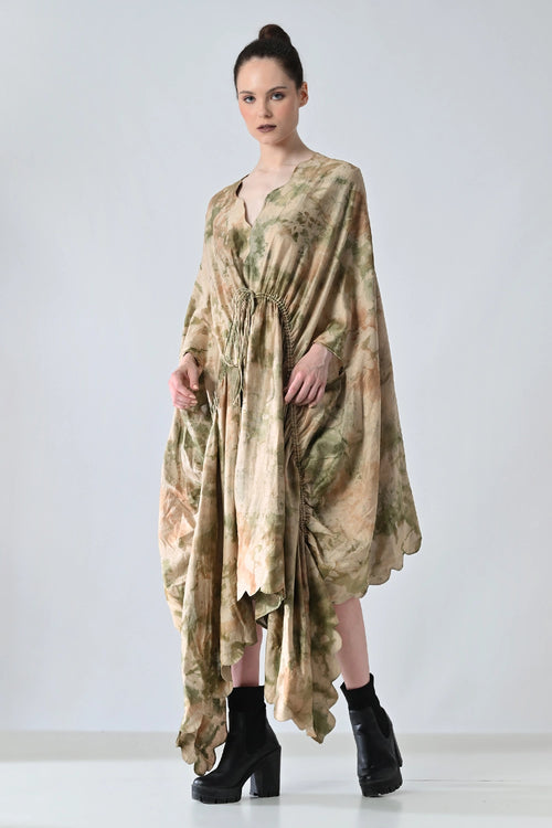 Desert Beige Drape Gathered Printed Kaftan Dress