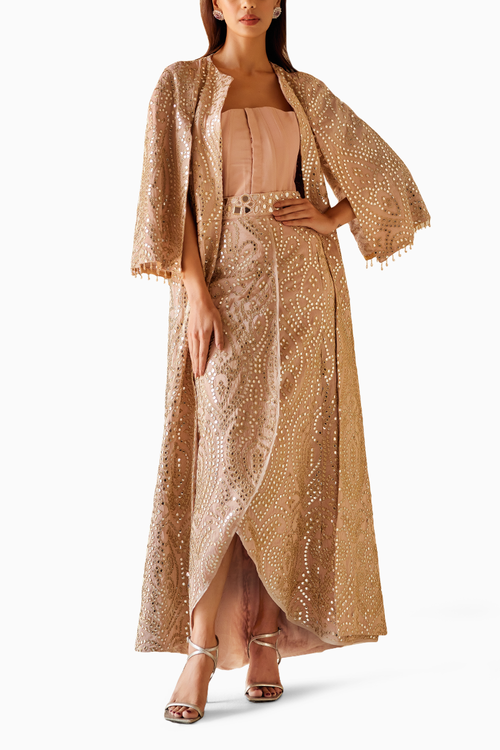 Blush Pink Long Overlap Skirt With Long Jacket And String Corset