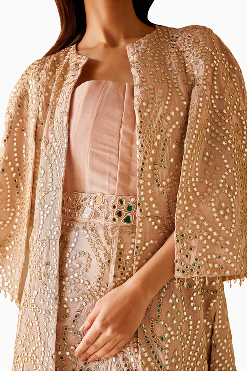 Blush Pink Long Overlap Skirt With Long Jacket And String Corset