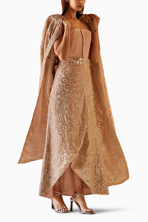 Blush Pink Long Overlap Skirt With Long Jacket And String Corset