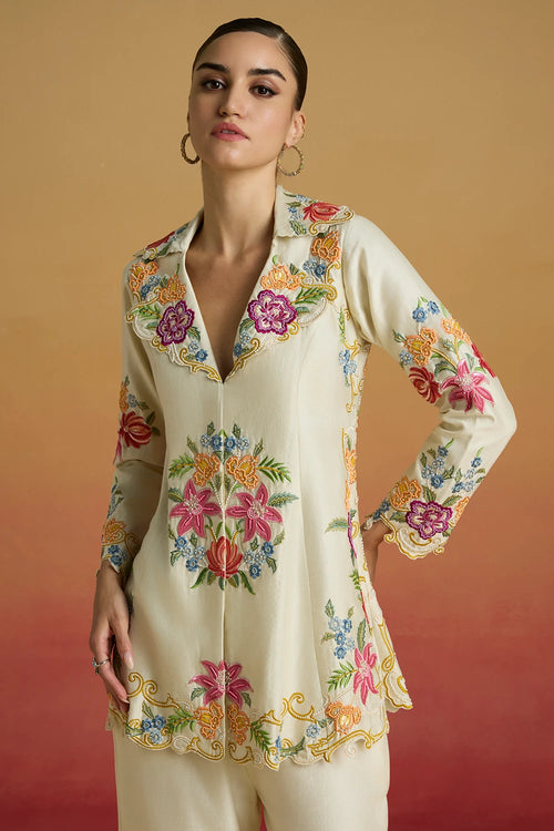 Ivory Threadwork and Beadwork Flared Amaryllis Jacket