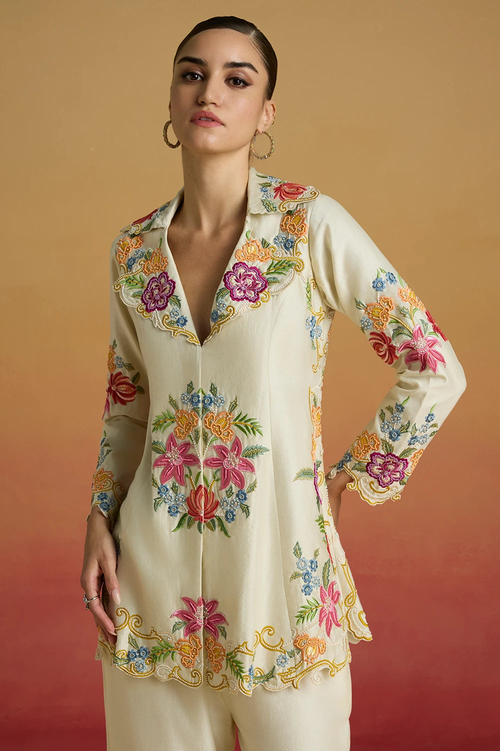 Ivory Threadwork and Beadwork Flared Amaryllis Jacket