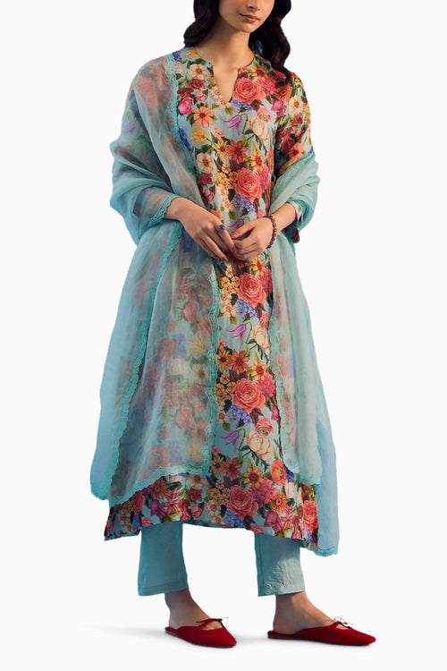 Euphoric Blossom Ice Blue Kurta Set