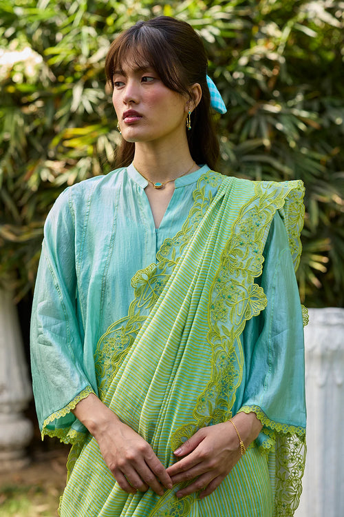 English Morning Green Embroidered Saree With Blouse