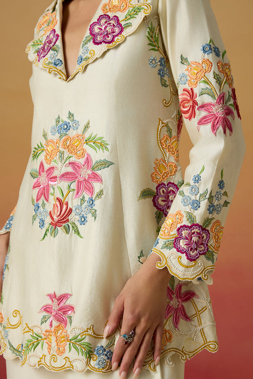 Ivory Threadwork and Beadwork Flared Amaryllis Jacket with Beadwork Pants