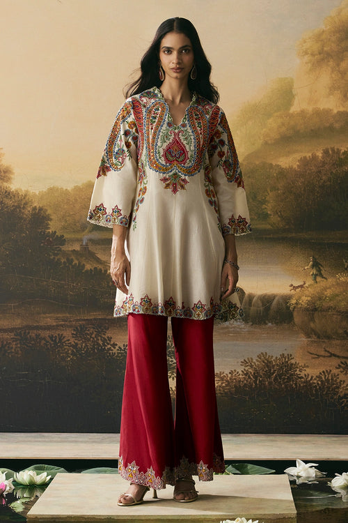 Ivory Contrast Paisley Flared Short Kurta With Bell Bottom Pants