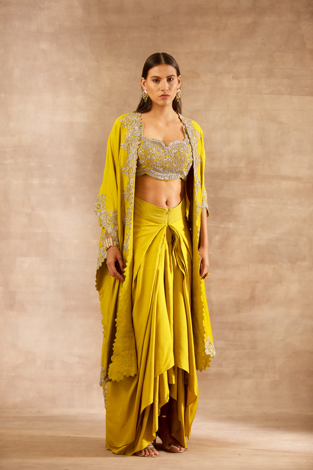 Mustard Embroidered Cape with Blouse and Cowl Skirt