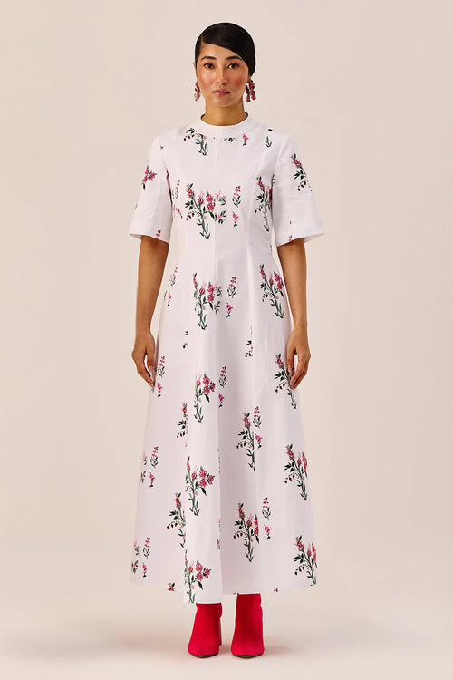 White Cotton Floral A-Line Midi Dress