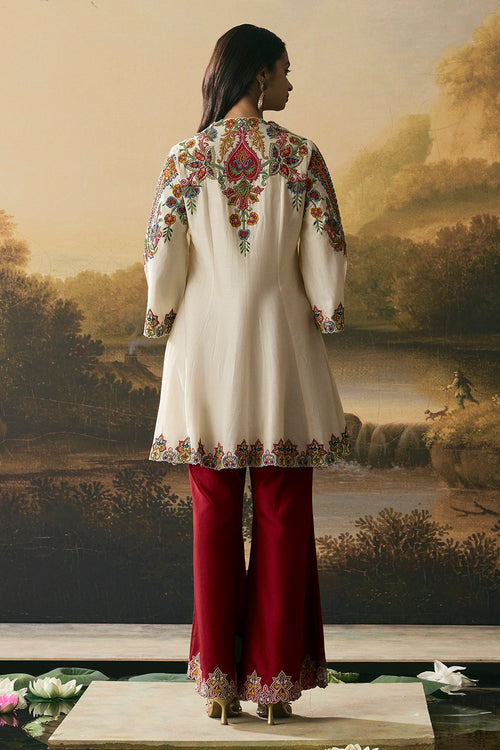 Ivory Contrast Paisley Flared Short Kurta With Bell Bottom Pants