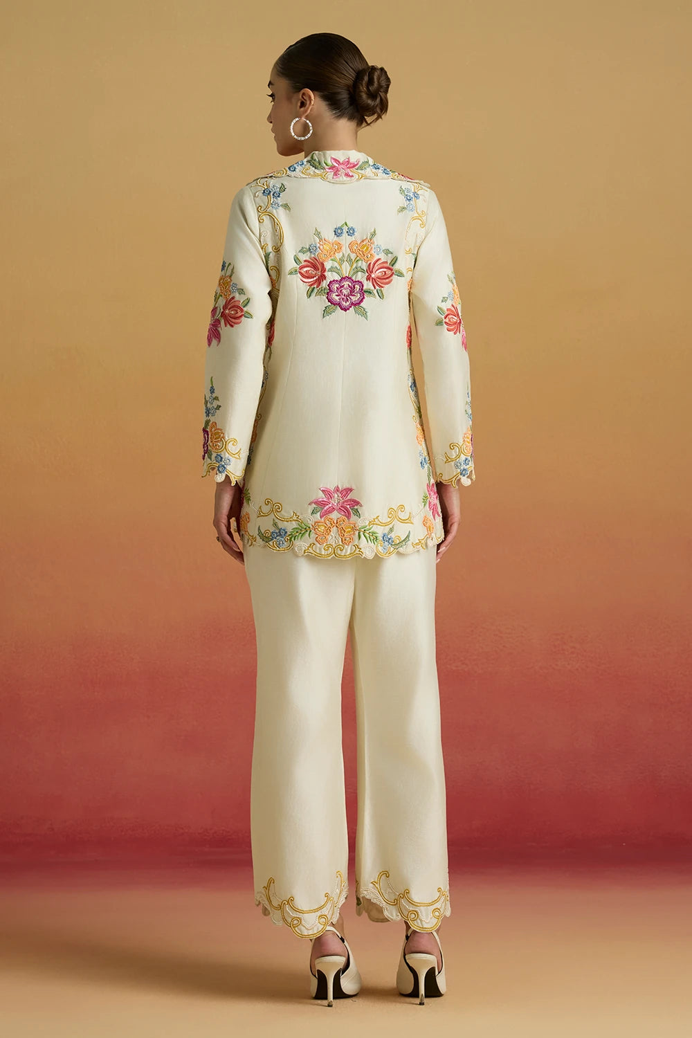 Ivory Threadwork and Beadwork Flared Amaryllis Jacket with Beadwork Pants