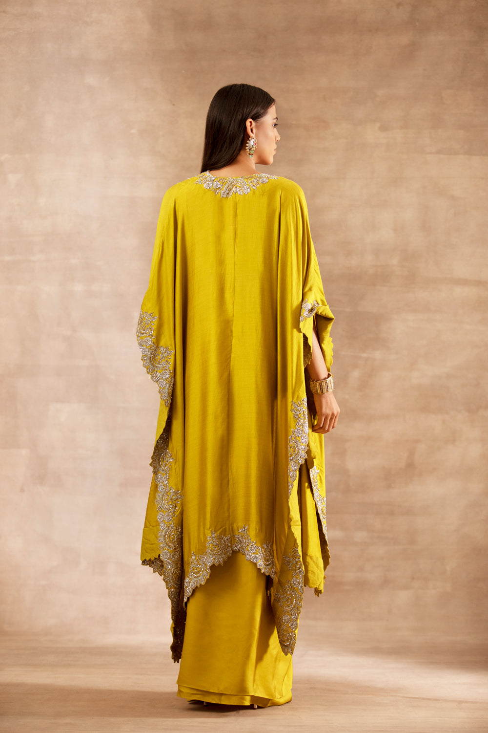 Mustard Embroidered Cape with Blouse and Cowl Skirt