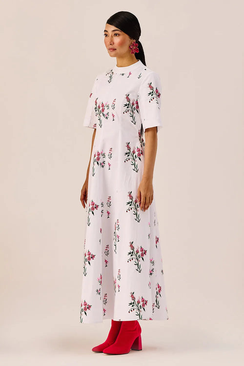 White Cotton Floral A-Line Midi Dress