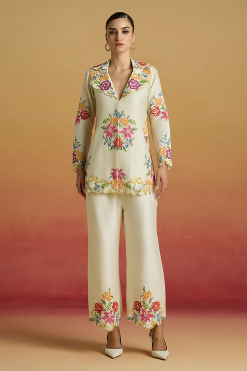 Ivory Threadwork and Beadwork Flared Amaryllis Jacket with Beadwork Pants