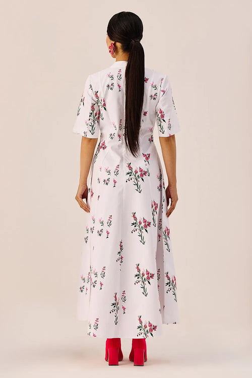 White Cotton Floral A-Line Midi Dress