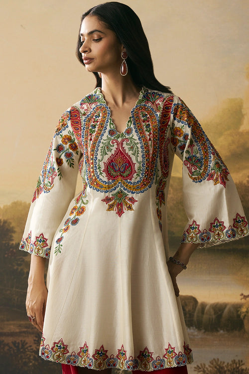 Ivory Contrast Paisley Flared Short Kurta With Bell Bottom Pants